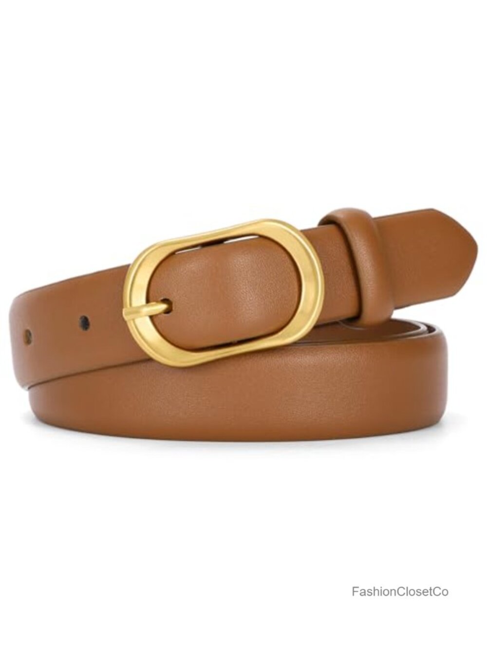 Women's PU Leather Belt with Gold Oval Buckle, Adjustable, 1" Wide